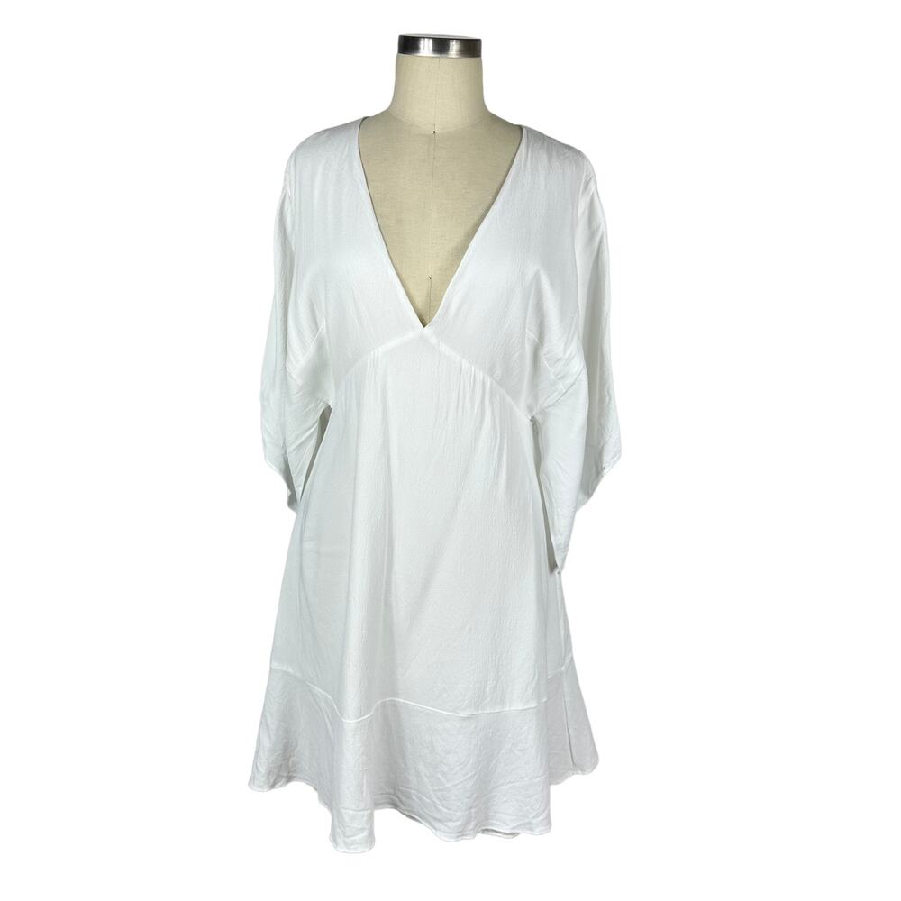 LEWIT White Dress Split Kimono Sleeve Size 10 Deep V-Neck Bridal Vacation Preppy